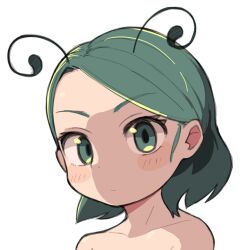 Rule 34 | 1girl, blush, closed mouth, commentary request, expressionless, green eyes, green hair, highres, looking at viewer, medium bangs, nude, portrait, short hair, sideburns, simple background, solo, swept bangs, touhou, ugif, upper body, white background, wriggle nightbug