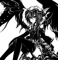 Rule 34 | 1girl, acryl, alternate costume, breasts, closed mouth, commentary request, dress, elbow gloves, expressionless, feet out of frame, frilled dress, frills, garter straps, gloves, greyscale, hair between eyes, hat, hat ribbon, looking at viewer, mob cap, monochrome, remilia scarlet, ribbon, short hair, simple background, sleeveless, sleeveless dress, small breasts, solo, thighhighs, touhou, wings