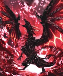 absurdres armor breastplate dragon dragon_claw dragon_horns dragon_wings full_body highres horns monster_focus monster_hunter_(series) monster_hunter_rise nutuki primordial_malzeno_(monster_hunter) red_eyes sharp_teeth shoulder_armor spiked_tail tail teeth wings