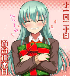 Rule 34 | 1girl, akizuki akina, aqua hair, blazer, bow, bowtie, brown jacket, closed eyes, commentary request, facing viewer, gift, grin, hair ornament, hairclip, jacket, kantai collection, long hair, orange bow, orange bowtie, smile, solo, suzuya (kancolle), suzuya kai ni (kancolle), translation request, upper body