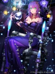 Rule 34 | 1girl, aqua eyes, blurry, breasts, chair, cleavage, company name, crystal ball, depth of field, detached sleeves, dress, dutch angle, eyebrows, gem, gyakushuu no fantasica, high heels, katagiri hachigou, lamp, large breasts, long hair, nail polish, official art, on chair, pantyhose, parted lips, purple dress, purple hair, purple nails, purple pantyhose, red footwear, shoes, side slit, sitting, solo, space, sparkle, star (symbol), star print, strapless, strapless dress, string