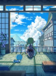 Rule 34 | 1girl, architecture, barefoot, blonde hair, blue sky, blurry, blurry foreground, braid, building, city, cloud, commentary request, day, east asian architecture, facing away, feet, floral print, flower, flower pot, from behind, head rest, highres, house, indoors, inkling, inkling girl, inkling player character, japanese clothes, jellyfish (splatoon), kimono, lantern, long hair, long sleeves, lying, morning glory, moromi (kscd4482), nintendo, obi, on floor, on side, paper lantern, pink kimono, plant, pointy ears, print kimono, purple flower, railing, red sash, sash, scenery, shadow, shirt, short sleeves, shouji, side braid, single braid, sitting, sky, sliding doors, splatoon (series), suction cups, suitcase, t-shirt, table, tatami, tentacle hair, toes, very long hair, vines, white shirt, wind chime