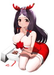 Rule 34 | 1girl, absurdres, alternate costume, antlers, arms under breasts, bare shoulders, black hair, blush, bow, box, breasts, brown eyes, christmas, cleavage, closed mouth, collar, collarbone, crying, crying with eyes open, dress, embarrassed, fake antlers, forehead, frown, fur-trimmed dress, fur-trimmed gloves, fur trim, gift, gift box, gloves, hair bow, hairband, hands on own chest, highres, horns, idolmaster, idolmaster cinderella girls, large breasts, leaning forward, long hair, looking at viewer, mittens, neck bell, nervous, nicorima, ohnuma kurumi, parted bangs, red bow, red dress, red gloves, red hairband, red ribbon, reindeer antlers, ribbon, santa costume, santa dress, seiza, sidelocks, simple background, sitting, skindentation, sleeveless, sleeveless dress, solo, strapless, strapless dress, tears, thick thighs, thighhighs, thighs, white background, white neckwear, white thighhighs, wide hips, zettai ryouiki