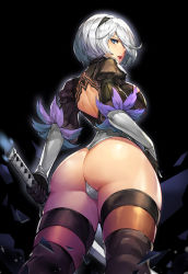 Rule 34 | 1girl, alternate breast size, ass, ass focus, black background, black footwear, blue eyes, boots, breasts, feather-trimmed sleeves, from behind, from below, gloves, gurimjang, hair over one eye, hairband, hand on own hip, highres, hip focus, holding, holding sword, holding weapon, huge ass, katana, large breasts, leotard, looking back, mole, mole under mouth, nier (series), nier:automata, profile, shiny skin, short hair, silver hair, simple background, solo, sword, thick thighs, thigh boots, thighhighs, thighs, thong, thong leotard, weapon, wide hips, 2b (nier:automata)