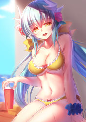 Rule 34 | 1girl, blush, breasts, cleavage, cup, drinking straw, fate/grand order, fate (series), flower, green hair, hair flower, hair ornament, holding, holding cup, horns, iro ame (amewaagada), kiyohime (fate), kiyohime (swimsuit lancer) (first ascension) (fate), large breasts, long hair, looking at viewer, navel, parted lips, sitting, smile, solo, twintails, yellow eyes