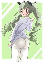 Rule 34 | 10s, 1girl, anchovy (girls und panzer), ass, blush, breasts, chiro, drill hair, embarrassed, fang, girls und panzer, green hair, hair ribbon, highres, long hair, looking at viewer, looking back, looking down, open mouth, panties, panties under pantyhose, pantyhose, red eyes, ribbon, shirt, sideboob, solo, twin drills, twintails, underwear, very long hair, white pantyhose