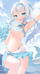 Rule 34 | 1girl, alternate costume, arm up, armpits, bare shoulders, blue bow, blue bowtie, blue eyes, blue hair, blue hairband, blue panties, blue shirt, blue skirt, blue sky, bow, bowtie, breasts, cheerleader, clothes writing, cloud, cloudy sky, commentary request, cowboy shot, crop top, crop top overhang, day, english text, fins, fish tail, floating hair, gawr gura, grey hair, hairband, hand up, high ponytail, highleg, highleg panties, highres, holding, holding pom poms, hololive, hololive english, light blush, long hair, looking at viewer, miniskirt, multicolored hair, navel, open mouth, outdoors, panties, panty straps, pleated skirt, pom pom (cheerleading), pom poms, shark girl, shark tail, sharp teeth, shirt, sidelocks, skirt, sky, sleeveless, sleeveless shirt, small breasts, smile, solo, stadium, standing, standing on one leg, stomach, streaked hair, string panties, sweat, tail, takumi11, teeth, thighhighs, underboob, underwear, v-shaped eyebrows, virtual youtuber, white thighhighs