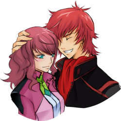 Rule 34 | 00s, age difference, blue eyes, father and daughter, feldt grace, gundam, gundam 00, gundam 00p, jacket, mozuku, headpat, pink hair, red hair, ruido resonance, scarf, smile