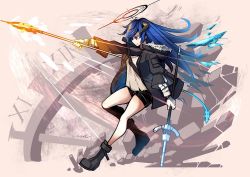 Rule 34 | 1girl, arknights, bare legs, black footwear, black jacket, blue eyes, blue hair, boots, carillus, commentary, cross-laced footwear, english commentary, full body, gloves, grey shirt, hair between eyes, halo, holding, holding staff, horns, jacket, long hair, long sleeves, looking at viewer, mostima (arknights), open clothes, open jacket, shirt, smile, solo, staff, thighs, white gloves