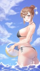 Rule 34 | 1girl, :o, artist name, ass, bad id, bad pixiv id, ball, beachball, bikini, black bikini, blue nails, blue sky, blush, breasts, brown eyes, brown hair, butt crack, cloud, cloudy sky, collarbone, covered erect nipples, cowboy shot, day, eyelashes, fingernails, from side, groin, hair bun, hair ornament, hair stick, halterneck, harry (dudwofla), highres, holding, holding ball, large breasts, legs together, looking at viewer, mei (overwatch), nail polish, no eyewear, open mouth, outdoors, overwatch, overwatch 1, partially submerged, short hair, side-tie bikini bottom, single hair bun, sky, snowflake hair ornament, solo, standing, swimsuit, thighs, thong, thong bikini, underboob, wading, water