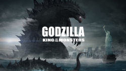 Rule 34 | absurdres, artist name, chinese commentary, city, claws, cloud, cloudy sky, copyright name, dark clouds, fog, giant, giant monster, godzilla, godzilla: king of the monsters, godzilla (2014), godzilla (series), grey sky, h.h, highres, kaijuu, legendary pictures, looking away, monster, monsterverse, no humans, ocean, open mouth, outdoors, scales, sharp teeth, sky, spines, standing, statue of liberty, tail, teeth, toho, typo, water