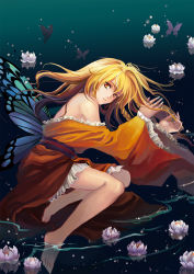 Rule 34 | 1girl, aged up, alternate costume, barefoot, blonde hair, braid, bug, butterfly, butterfly wings, feet, female focus, flower, highres, insect, insect wings, kirisame marisa, long hair, looking at viewer, nataku39, off shoulder, reflection, side braid, soaking feet, solo, touhou, water, wings, yellow eyes