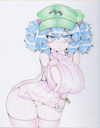 Rule 34 | 1girl, alternate costume, blue eyes, blue hair, blush, breasts, bridal gauntlets, covered erect nipples, curvy, female focus, hair bobbles, hair ornament, hat, huge breasts, kawashiro nitori, key, keyring, leaning forward, matching hair/eyes, okiraku nikku, panties, pink thighhighs, revealing clothes, ribbed sweater, shikishi, sideboob, solo, sweater, thighhighs, touhou, traditional media, twintails, two side up, underwear, white panties