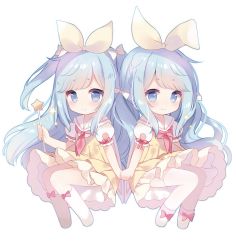 Rule 34 | 2girls, ame usari, blue eyes, blue hair, blush, bow, braid, chibi, closed mouth, commentary request, dress, hair ribbon, highres, holding, holding hands, holding wand, kneehighs, long hair, multiple girls, near (sound voltex), neckerchief, no shoes, noah (sound voltex), one side up, pleated dress, puffy short sleeves, puffy sleeves, red bow, red neckerchief, ribbon, sailor collar, sailor dress, short eyebrows, short sleeves, siblings, simple background, sisters, smile, socks, sound voltex, sound voltex ii infinite infection, thick eyebrows, twins, very long hair, wand, white background, white legwear, white sailor collar, yellow dress, yellow ribbon