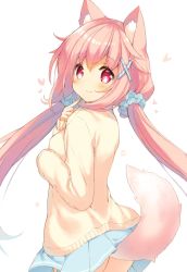 Rule 34 | 1girl, amamiya aki, animal ear fluff, animal ears, commentary, cowboy shot, finger to own chin, fox ears, fox tail, from behind, hair ornament, hairclip, heart, highres, long hair, looking at viewer, low twintails, original, p19, pink hair, pleated skirt, red eyes, scrunchie, simple background, skirt, smile, solo, sweater, tail, twintails, virtual youtuber, white background