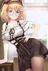 Rule 34 | 1girl, artist name, blonde hair, blue eyes, blunt bangs, breasts, cabbie hat, collarbone, contrapposto, earrings, fingernails, glasses, hair ornament, hairclip, hand on own hip, hat, heart, heart earrings, highres, hololive, hololive english, indoors, jewelry, key, key necklace, looking at viewer, medium breasts, necklace, one side up, pantyhose, round eyewear, shirt, short hair, short sleeves, skirt, smile, solo, sunmil, twitter username, upper body, virtual youtuber, watson amelia, watson amelia (street casual), white shirt, window, zipper