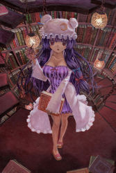 Rule 34 | 1girl, bare legs, book, bookshelf, breasts, ceiling light, cleavage, crescent, crescent hair ornament, double bun, dress, glasses, hair bun, hair ornament, hair ribbon, hat, holding, holding removed eyewear, kabaji, library, long hair, looking at viewer, mob cap, oil painting (medium), open clothes, open mouth, open robe, painting (medium), patchouli knowledge, purple hair, red eyes, ribbon, rimless eyewear, robe, sandals, sleeves past wrists, solo, stairs, striped clothes, striped dress, touhou, traditional media, tress ribbon, unworn eyewear, very long hair, voile