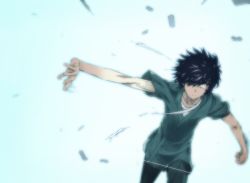 Rule 34 | 1boy, action, arm up, black hair, blue background, clenched hand, colorized, commentary, feet out of frame, gazing eye, glowing, glowing eye, gradient background, haimura kiyotaka, hair over one eye, highres, kamijou touma, novel illustration, official art, outstretched arm, parted lips, pink eyes, short hair, short sleeves, spiked hair, spoilers, toaru majutsu no index, toaru majutsu no index: new testament