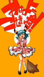 1girl animal_ears arm_up bamboo_broom blush broom dress female_focus green_eyes green_hair highres hokuto_(scichil) kasodani_kyouko mary_janes matching_hair/eyes one_eye_closed open_mouth shoes short_hair shouting socks solo standing text_focus touhou translated white_socks wink