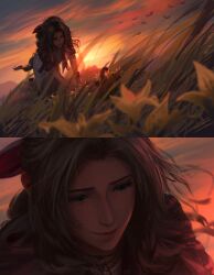 Rule 34 | 1girl, absurdres, aerith gainsborough, bangle, bird, bracelet, braid, braided ponytail, closed mouth, commentary, dress, english commentary, final fantasy, final fantasy vii, final fantasy vii rebirth, final fantasy vii remake, flower, flower basket, grass, green eyes, hair ribbon, highres, jacket, jewelry, kneeling, long hair, mountainous horizon, orange sky, outdoors, parted bangs, pink dress, pink ribbon, red jacket, ribbon, safaia, short sleeves, sky, solo, sunset, yellow flower