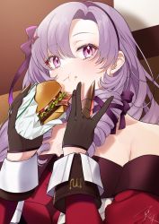 Rule 34 | 1girl, :t, asazuke25, bare shoulders, blush, brown gloves, burger, claw ring, closed mouth, diamond-shaped pupils, diamond (shape), dress, drill hair, eating, food, food on face, gloves, hair ornament, hair ribbon, hairband, highres, holding, holding food, hyakumantenbara salome, hyakumantenbara salome (1st costume), long hair, long sleeves, looking at viewer, nijisanji, purple eyes, purple hair, purple hairband, purple ribbon, red dress, ribbon, solo, symbol-shaped pupils, upper body, virtual youtuber
