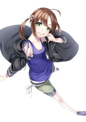 Rule 34 | 1girl, ahoge, bad perspective, brown hair, cheek pull, green eyes, long hair, looking at viewer, original, shorts, simple background, smile, solo, twintails, unowen, white background