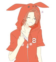 Rule 34 | 10s, 1boy, ;), adjusting clothes, animal hood, bad id, bad pixiv id, hazuki you (tsukiuta), hood, hooded jacket, jacket, looking to the side, male focus, one eye closed, pixiv id 1395916, rabbit hood, red hair, ren (friends-love), simple background, smile, solo, tsukino talent production, tsukiuta, upper body, white background