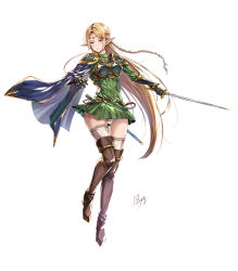 Rule 34 | 1girl, armor, blonde hair, blue eyes, blush, boots, braid, breastplate, circlet, dress, elf, fantasy, female knight, gauntlets, green dress, highres, holding, holding sword, holding weapon, kazeno, knight, long hair, looking at viewer, original, panties, pantyshot, parted bangs, pointy ears, shoulder armor, solo, sword, thigh boots, thighhighs, thighhighs under boots, underwear, weapon, white background, white panties, white thighhighs