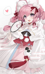 Rule 34 | 1girl, absurdres, ahoge, azur lane, black bow, black bowtie, bow, bowtie, braid, bright pupils, capelet, cotton ball, cowboy shot, dot nose, dress, frilled dress, frills, fur trim, hand fan, heart, highres, long hair, long sleeves, looking at viewer, open mouth, panda, paper fan, pink dress, pink eyes, pink hair, pink theme, pleated dress, red tassel, saratoga (azur lane), saratoga (spring&#039;s opening act!) (azur lane), shibuya (kurokamishain), smile, speech bubble, twin braids, uchiwa, white background, white dress, white pupils, wide sleeves