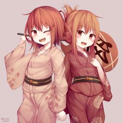 Rule 34 | 2girls, absurdres, alternate costume, blush, breasts, brown eyes, brown hair, grey background, hair between eyes, hair ornament, hairclip, hand fan, highres, holding hands, ikazuchi (kancolle), inazuma (kancolle), japanese clothes, kantai collection, kimono, long hair, multiple girls, one eye closed, open mouth, paper fan, short hair, small breasts, smile, tateishi kureha, yukata