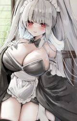 Rule 34 | 1girl, azur lane, black dress, breasts, cleavage, commentary request, cowboy shot, dress, gloves, grey hair, hand on own chest, highres, huge breasts, ichigo moka, long hair, looking at viewer, maid, official alternate costume, red eyes, shimanto (azur lane), shimanto (the comfy dragon god) (azur lane), solo, very long hair, white gloves