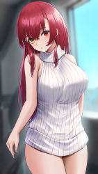 Rule 34 | 1girl, :o, absurdres, arm behind back, blurry, blurry background, breasts, cowboy shot, hair between eyes, hair down, heterochromia, highres, hololive, houshou marine, indoors, laimer, large breasts, long hair, looking at viewer, meme attire, no pants, parted lips, red eyes, red hair, solo, straight hair, sweater, thighs, turtleneck, turtleneck sweater, virgin killer sweater, virtual youtuber, white sweater, yellow eyes
