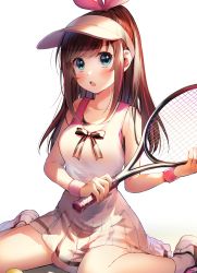 Rule 34 | 1girl, absurdres, ball, blue eyes, blush, bow, breasts, brown hair, dress, geshumaro, hair bow, highres, holding, holding racket, kizuna ai, kizuna ai inc., looking at viewer, medium breasts, multicolored hair, open mouth, pink bow, ponytail, racket, shoes, simple background, sitting, socks, solo, sportswear, streaked hair, tennis ball, tennis racket, tennis uniform, virtual youtuber, visor cap, wariza, white background, white dress, wristband