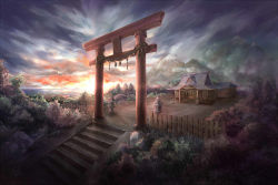 Rule 34 | c.z., cloud, female focus, fence, hakurei shrine, mountain, no humans, rope, scenery, shide, shimenawa, shrine, sky, stairs, stone lantern, sunset, torii, touhou