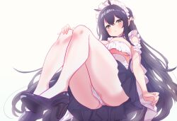 1girl arbiter1 ass azur_lane black_hair black_skirt blush from_below hair_between_eyes high_heels highres indomitable_(azur_lane) maid maid_headdress panties simple_background skirt solo underwear white_background white_panties yellow_eyes