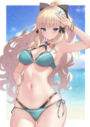 Rule 34 | 1girl, armpits, bangle, bikini, black bow, blonde hair, blue bikini, blue eyes, blurry, blurry background, bow, bracelet, breasts, cleavage, cloud, cowboy shot, criss-cross halter, elf, flower, gluteal fold, hair bow, hair flower, hair ornament, halterneck, hand on own hip, highres, jewelry, large breasts, layered bikini, long hair, looking at viewer, navel, o-ring, o-ring bottom, pointy ears, ponytail, princess connect!, saren (princess connect!), saren (summer) (princess connect!), sixteenpo, skindentation, sky, smile, solo, swimsuit, v, water
