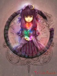 Rule 34 | 1girl, bookshelf, brown background, crescent, dress, expressionless, female focus, frills, hat, ishiatama, jewelry, library, long sleeves, looking at viewer, magic, mob cap, patchouli knowledge, purple dress, purple eyes, purple hair, ring, serious, shaded face, simple background, solo, striped clothes, striped dress, text focus, touhou, vertical-striped clothes, vertical-striped dress, voile