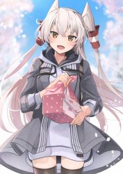 Rule 34 | 1girl, absurdres, alternate costume, amatsukaze (kancolle), backpack, bag, bento, black thighhighs, blush, brown eyes, cherry blossoms, day, dress, fang, hair between eyes, hair tubes, highres, holding, hood, hood down, hooded jacket, jacket, kantai collection, long hair, open mouth, outdoors, petals, silver hair, sky, solo, thighhighs, two side up, yunamaro