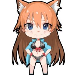 Rule 34 | &gt;:), 1girl, animal ears, bad id, bad twitter id, bikini, black bikini, blue eyes, blush, breasts, brown hair, checkered bikini, checkered clothes, chibi, cleavage, closed mouth, facial mark, fox ears, fuotchan, hair between eyes, hands on own hips, large breasts, long hair, looking at viewer, open clothes, open shirt, original, shirt, simple background, sleeves rolled up, smile, solo, standing, swimsuit, v-shaped eyebrows, whisker markings, white background