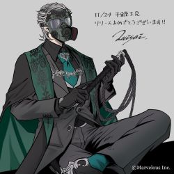 Rule 34 | 1boy, black gloves, formal, gamma (senjuushi r), gas mask, gloves, highres, holding, holding weapon, male focus, mask, meisai, necktie, official art, senjuushi: the thousand noble musketeers rhodoknight, senjuushi (series), signature, silver hair, solo, suit, weapon, whip