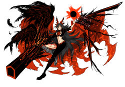 Rule 34 | 1girl, absurdres, alternate costume, alternate weapon, alternate wings, arm cannon, arm up, asymmetrical clothes, bikini, bikini top only, black hair, black wings, boots, bow, breasts, cape, crazy eyes, energy ball, female focus, grin, hair bow, highres, large breasts, long hair, looking at viewer, mechanical wings, midriff, multiple wings, navel, pants, reiuji utsuho, shigureru, shirt, smile, solo, swimsuit, third eye, touhou, veins, veranda, weapon, wings