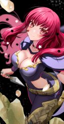Rule 34 | 1girl, absurdres, belt, black bodysuit, black cape, blush, bodysuit, breasts, cape, cleavage, closed mouth, clothing cutout, collarbone, commentary request, fire emblem, fire emblem engage, hair ornament, highres, holding, holding weapon, kunai, large breasts, long hair, looking at viewer, mu tu bu, nintendo, red eyes, red hair, smile, solo, star (symbol), star hair ornament, weapon, yellow belt, yunaka (fire emblem)