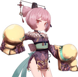 Rule 34 | 1girl, atelier (series), atelier sophie, back bow, black ribbon, blush, bow, china dress, chinese clothes, cone hair bun, contrapposto, corneria (atelier), cowboy shot, dress, expressionless, feathers, flat chest, gloves, green sash, hair bun, hair ornament, hairpin, light blush, long sleeves, looking at viewer, neck ribbon, obi, panties, panty peek, pink hair, purple dress, red eyes, ribbon, sash, short hair, simple background, solo, standing, sumiyao (amam), tassel, underwear, white background, white panties