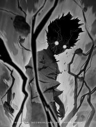 Rule 34 | 1boy, arms at sides, artist name, belt, black hair, glowing, glowing eyes, grey background, greyscale, highres, kageyama shigeo, looking at viewer, male focus, manip, midriff, mob psycho 100, monochrome, navel, pants, rubble, shirt, solo, spiked hair, standing, t-shirt, torn clothes, watermark