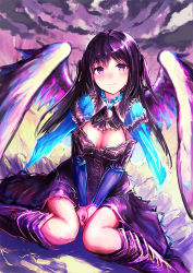 Rule 34 | 1girl, angel wings, blush, boots, breasts, brooch, cleavage, haori io, jewelry, long hair, looking at viewer, original, purple eyes, purple hair, sitting, smile, solo, two side up, v arms, wariza, wings
