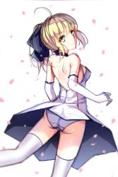 Rule 34 | 1girl, ahoge, artoria pendragon (all), artoria pendragon (fate), ass, bad id, bad pixiv id, bare back, blonde hair, bow, dress, elbow gloves, fate/stay night, fate/unlimited codes, fate (series), from behind, gloves, green eyes, hair bow, highres, looking back, panties, petals, ponytail, saber (fate), saber lily, sketch, smile, solo, thighhighs, underwear, veilrain, white dress, white gloves, white panties, white thighhighs