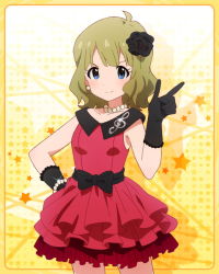 Rule 34 | &gt;:), 10s, 1girl, blue eyes, bracelet, brown hair, dress, earrings, flower, gloves, hair flower, hair ornament, idolmaster, idolmaster million live!, jewelry, looking at viewer, musical note, necklace, official art, pearl necklace, smile, suou momoko, treble clef, v-shaped eyebrows