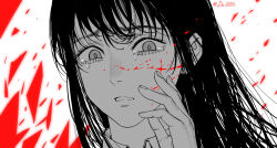 Rule 34 | 1girl, chainsaw man, close-up, crying, dollllls2, eyelashes, greyscale, hand on own cheek, hand on own face, hand on own face, highres, long hair, mitaka asa, monochrome, parted lips, portrait, solo, spot color, tears, twitter username