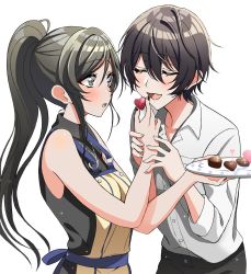 Rule 34 | 2girls, aoyagi tsubaki, bakkanda, bare arms, bare shoulders, black hair, blush, chocolate, cleavage cutout, closed mouth, clothing cutout, d4dj, eating, eyebrows hidden by hair, food, hair between eyes, highres, holding, holding chocolate, holding food, holding plate, long hair, looking at another, miyake aoi, multiple girls, open mouth, plate, ponytail, shirt, short hair, simple background, smile, upper body, white background, yuri