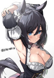 Rule 34 | 1girl, animal ears, arms behind head, arms up, black hair, blue eyes, blush, breasts, choker, cleavage, collarbone, detached sleeves, dirndl, dress, ear ornament, eishin flash (umamusume), frilled dress, frills, german clothes, hair between eyes, horse ears, horse girl, horse tail, irie keisuke (handn), large breasts, long sleeves, looking at viewer, shiny skin, short hair, simple background, smile, solo, tail, twitter username, umamusume, white background